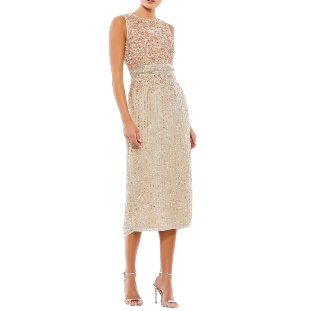 $298 New Mac Duggal Women's Sleeveless High Neck Beaded‎ Midi Sheath Dress sz 10